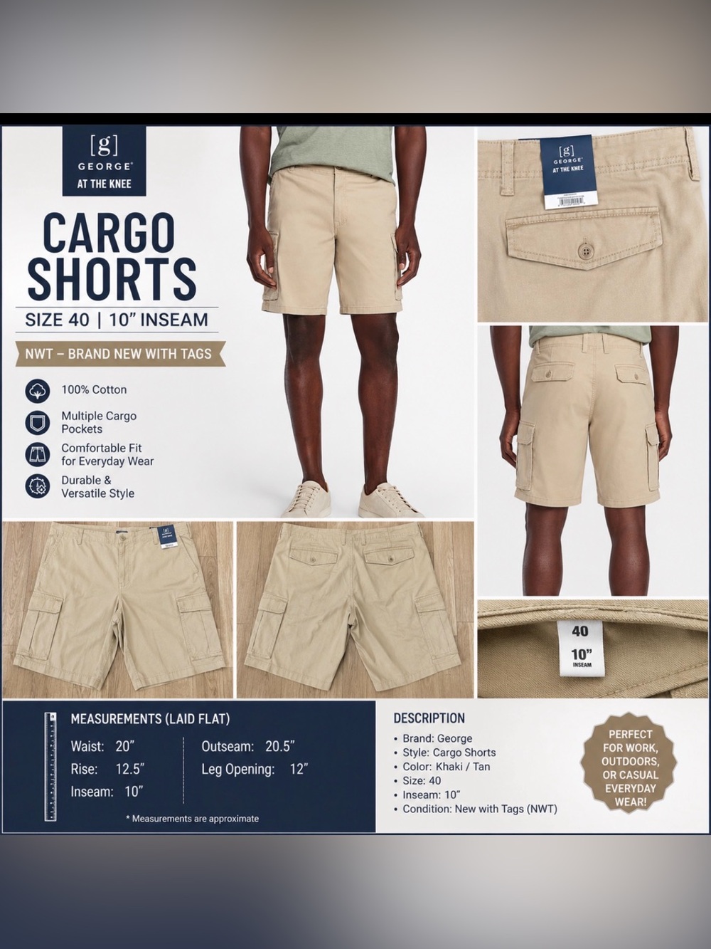 NWT George Men’s Cargo Shorts Size 40 Khaki Tan 10” Inseam